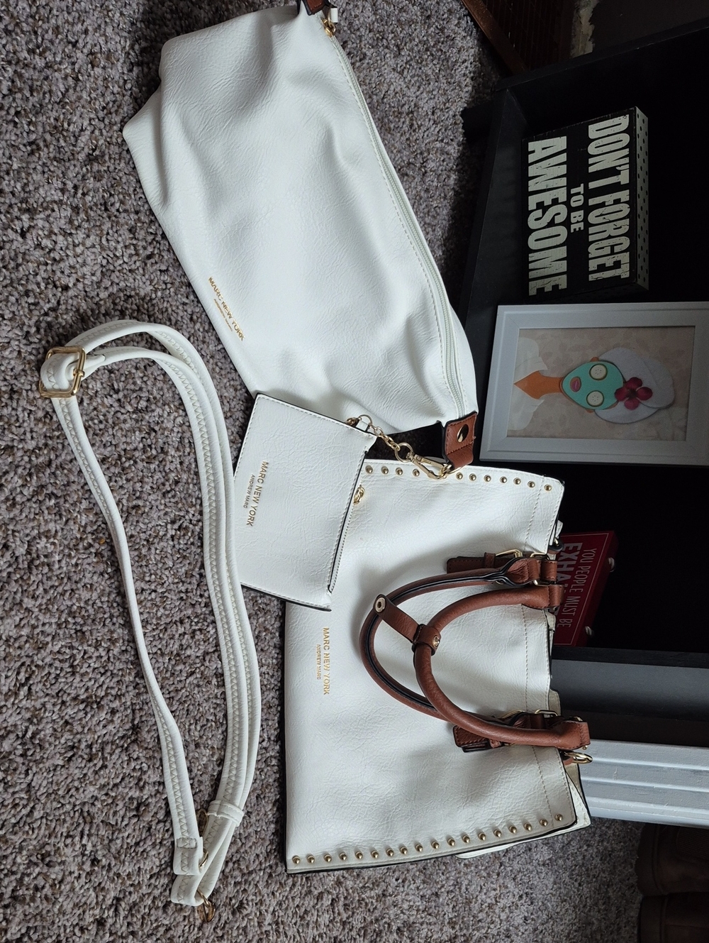 Marc New York White Leather Tote Handbag with Brown Handles and Matching Pouch
